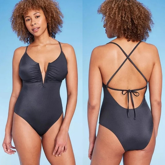 Shade & Shore Shirred V-Wire‎ Plunge One Piece Swimsuit Shine Dark Gray Size M - Picture 1 of 12